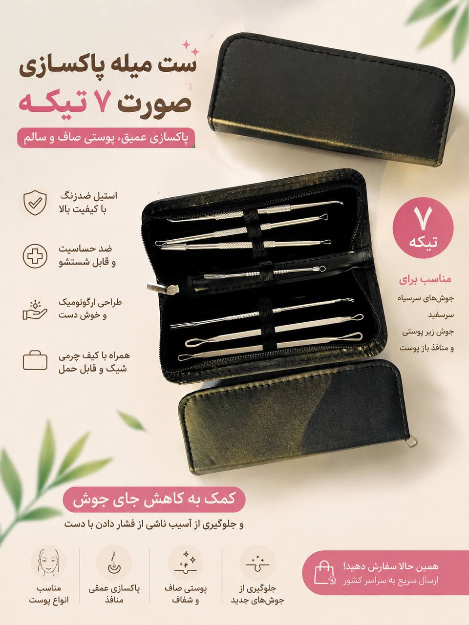 ست ۷ تیکه‌ی ابزار پاکسازی صورت و تخلیه جوش (همراه با کیف چرمی)
